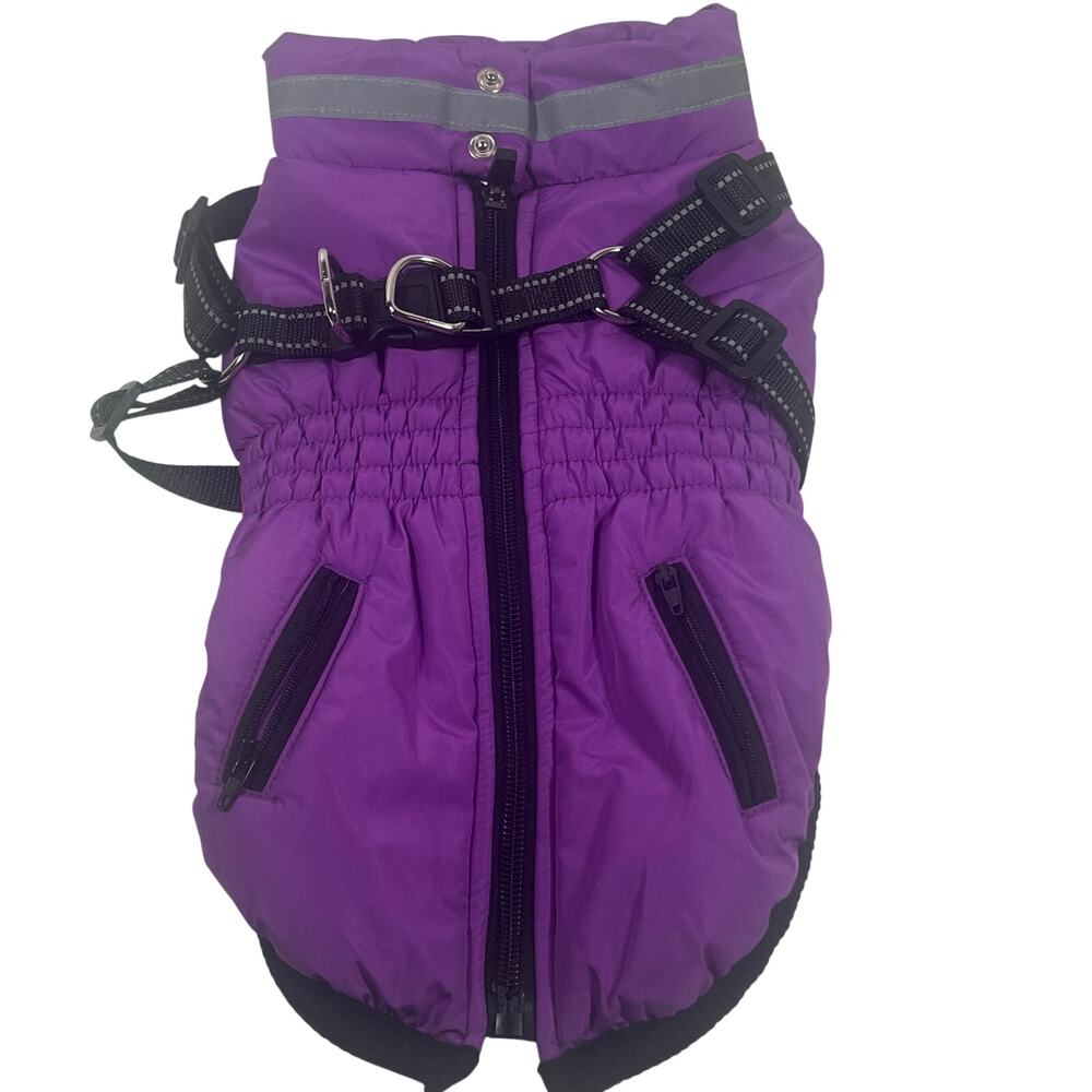 Small Dog Animal Winter Jacket with Built-in Harness Purple Reflective Stripe